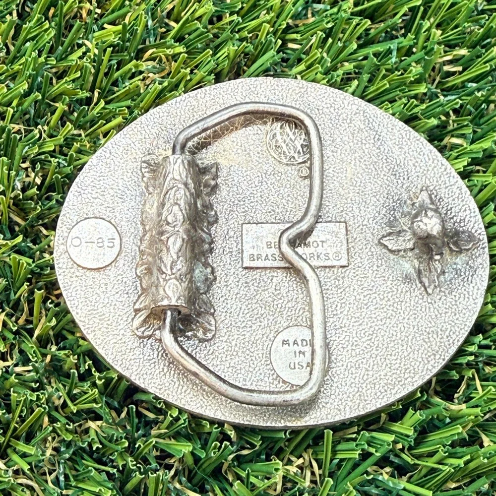 Vintage 1977 Bergamot Brass Works Baseball Belt Buckle Pewter Tone Made in USA